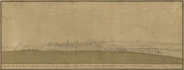 Eine detaillierte Zeichnung einer Stadt mit hohen Gebäuden, gewundenen Straßen und einem hellblauen Himmel auf einem Blatt Papier mit fetter Schrift.