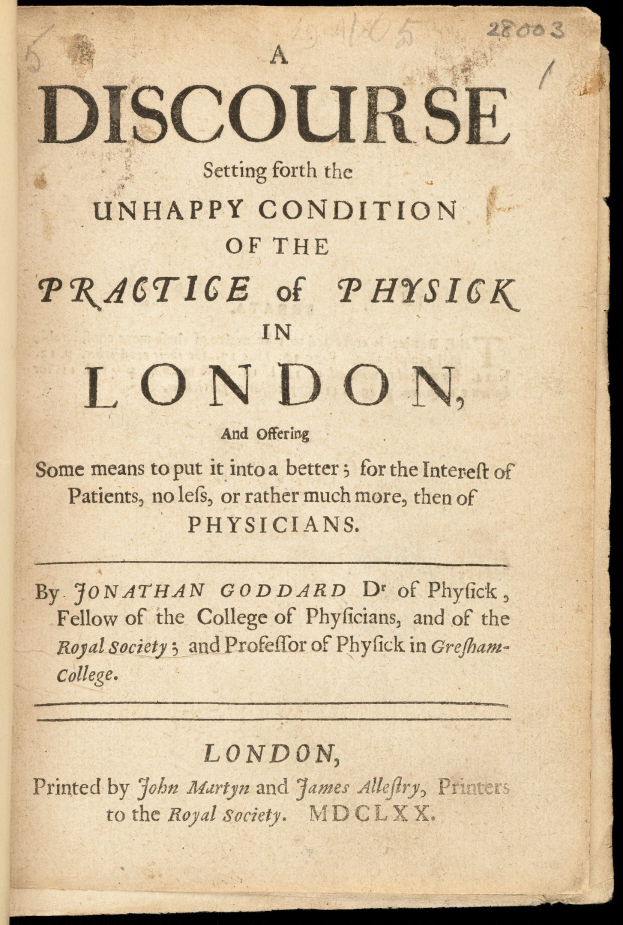 Offenes Buch mit dem Titel 'Eine Abhandlung über den unglücklichen Zustand der Praxis der Medizin in London' mit sichtbarem Text auf der Seite.
