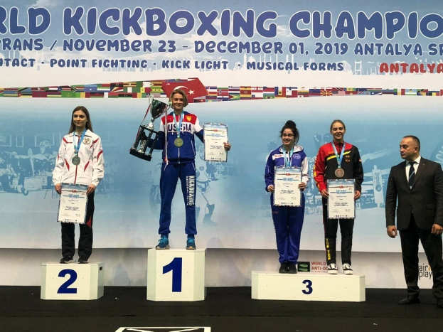 Fünf Personen mit Auszeichnungen und Urkunden auf einem Podium mit einem "World Kickboxing Championship Antalya 2019"-Plakat im Hintergrund.