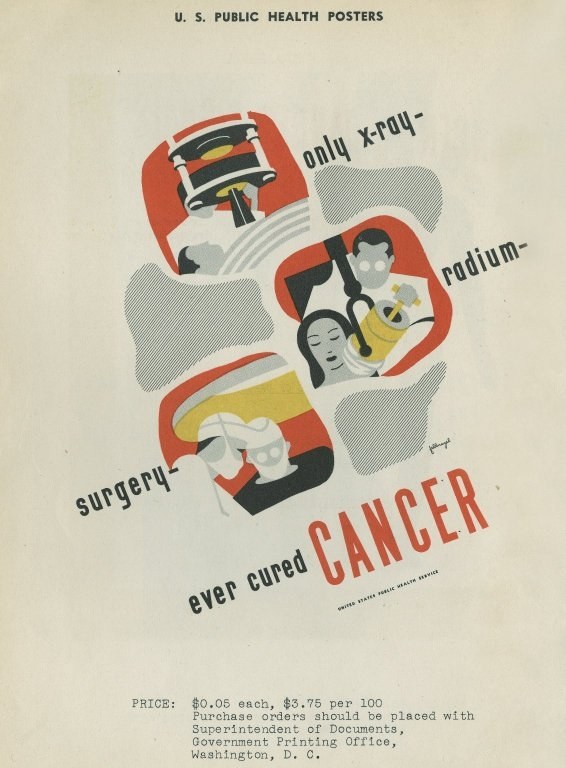 Ein Plakat mit einem Mann im Anzug und weißem Laborkittel mit Stethoskop, der entschlossen aussieht, mit fetter weißer Schrift "Chirurgie Hat Krebs Jeweils Geheilt" auf einem hellrosa Hintergrund.