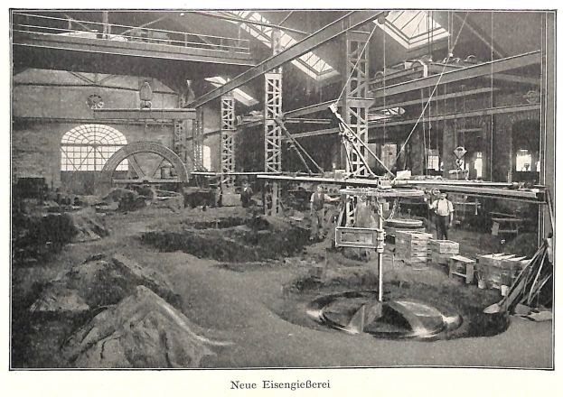 Schwarzes und weißes Foto einer Fabrik mit Arbeitern, die Maschinen bedienen, umgeben von Metallstangen und -pfählen, beschriftet mit "Neue Eisenglebeerei, die erste Fabrik in Deutschland."