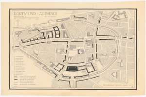 Detailierte alte Karte von Dortmund, Deutschland, die Straßen, Geböude, Landmarken und Text mit Bevölkerungs- und Standortinformationen auf einem weißen Hintergrund zeigt.