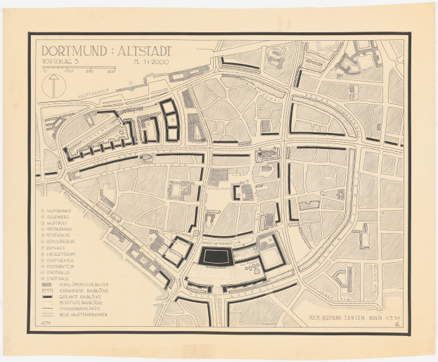 Detailierte alte Karte von Dortmund, Deutschland, die Straßen, Geböude, Landmarken und Text mit Bevölkerungs- und Standortinformationen auf einem weißen Hintergrund zeigt.