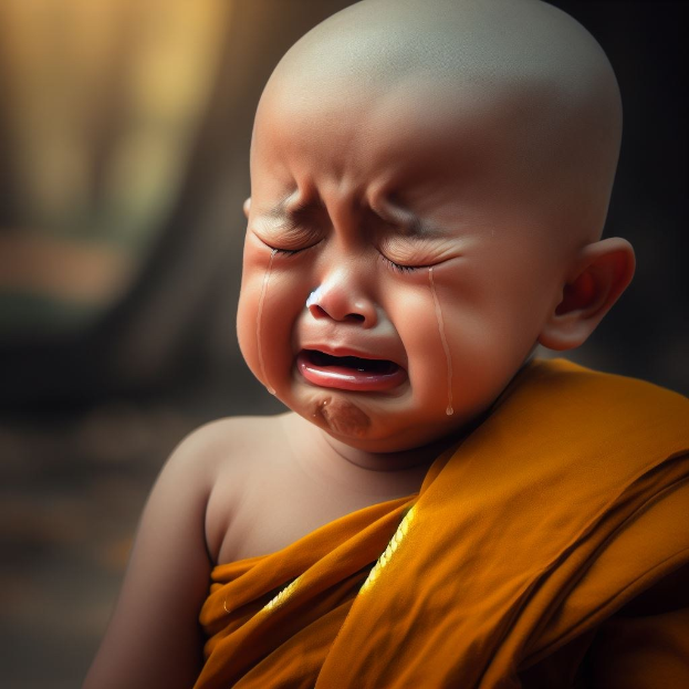 Ein Baby, das mit Tränen im Gesicht weint, die Augen geschlossen und den Mund geöffnet, vor einem unscharfen Hintergrund.