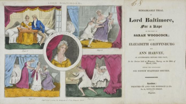 Ein historisches Dokument zeigt eine Prozessakte für Lord Baltimore mit Porträts von Personen, Vorhängen und geschriebenem Text.