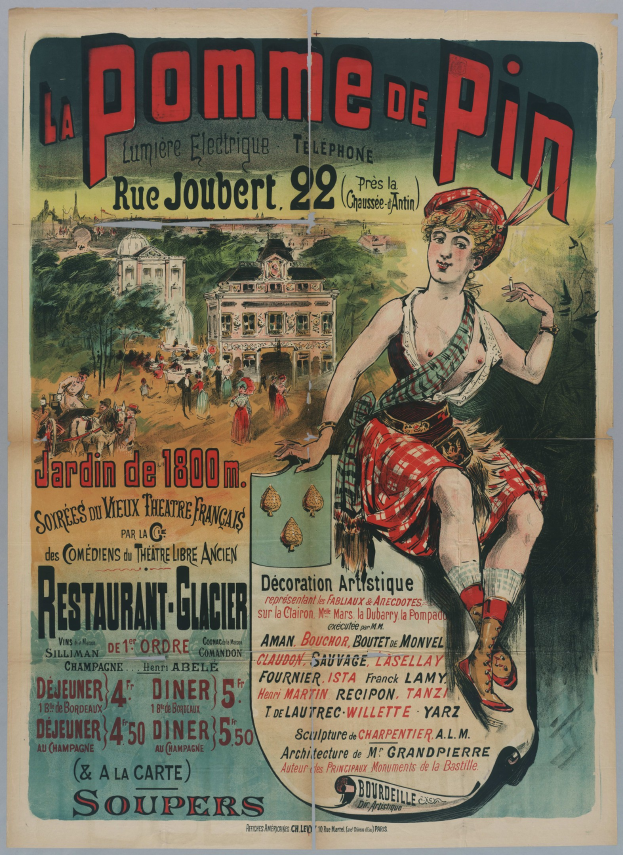 Plakat, das ein pomme de pin-Event in Paris ankündigt, zeigt eine Frau in einem Kilt umgeben von Menschen, Bäumen und Gebäuden.