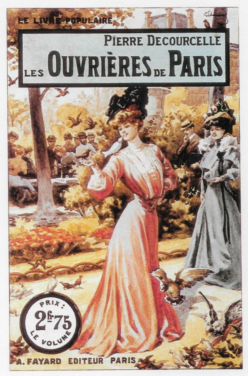 Plakat für "Les Ouvrières de Paris" von Pierre Decourcelle mit einer Frau umgeben von Menschen, Bäumen und Vögeln mit Text.