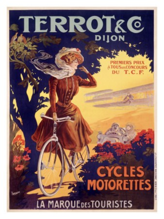 Ein Plakat, das eine Fahrradtour in Frankreich bewirbt und eine Frau zeigt, die ein Fahrrad unter Bäumen, Blumen und anderen Radfahrern fährt, mit Text, der die Tour beschreibt.