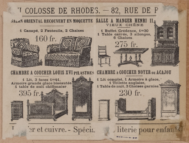 Schwarz-weiß-Anzeige für ein Möbelgeschäft mit einer Couch, einem Stuhl und einem Tisch mit begleitendem Text.