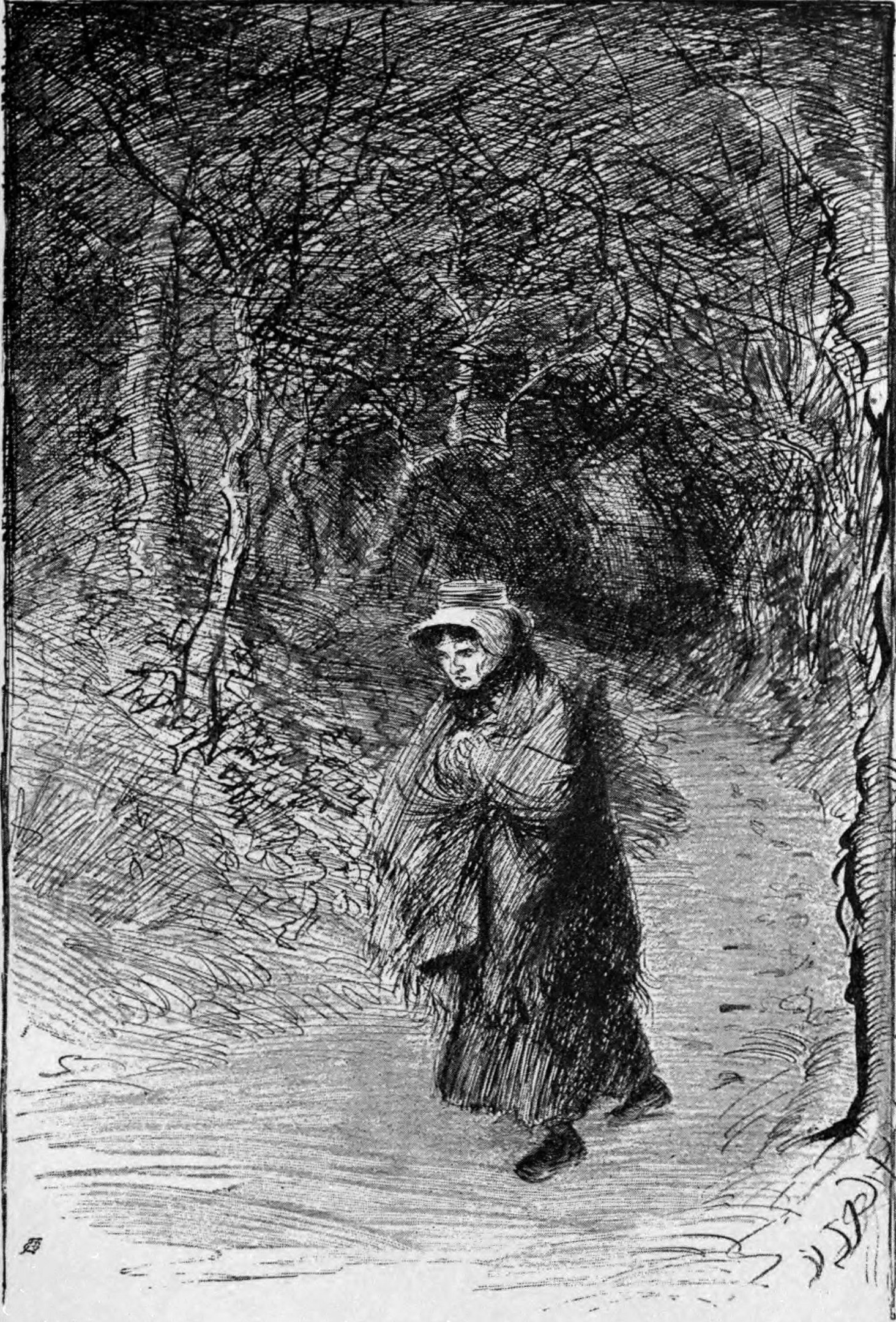 Eine ältere Frau mit Hut geht einen Waldweg entlang, umgeben von Bäumen, mit Text am unteren Bildrand.