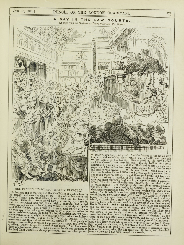 Offenes Buch mit einer Illustration einer Gerichtsszene, das eine Diskussion unter Menschen zeigt, und einer zentralen Seite mit Text und Bildern.