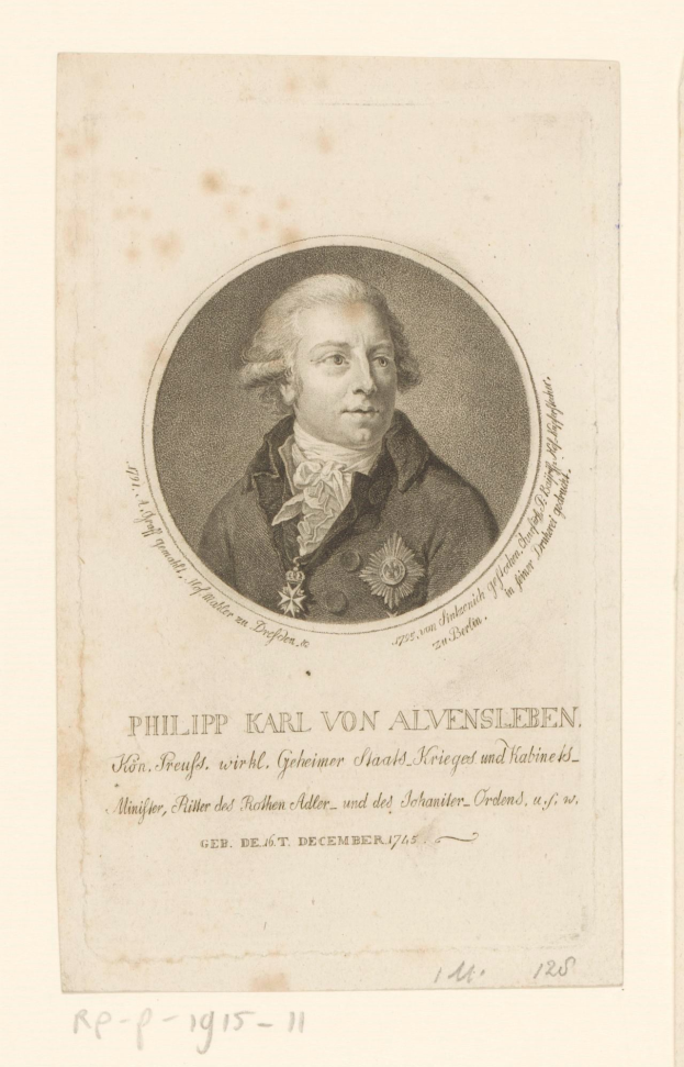 Portrait von Philipp Karl von Alvensleben, einem deutschen Staatsmann, der einen Anzug und eine Krawatte trägt und ernst dreinschaut, mit dunklen Haaren und vor der Brust verschränkten Händen, der zur Seite blickt mit Text über dem Bild.