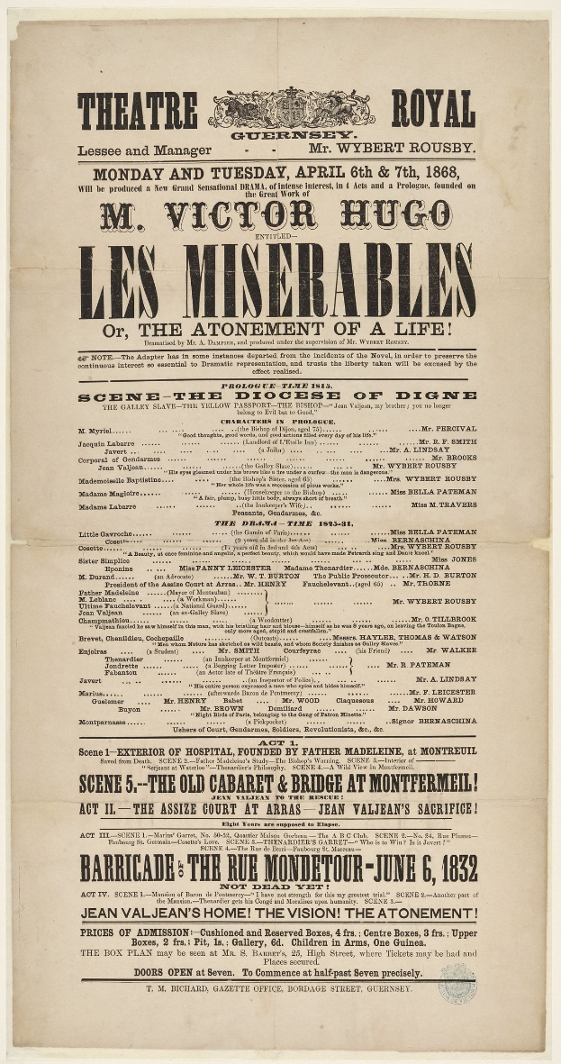 Schwarze und weiße Zeitungsanzeige für das Theatre Royal, London, wahrscheinlich zur Promotion des Stücks *Les Misérables*.