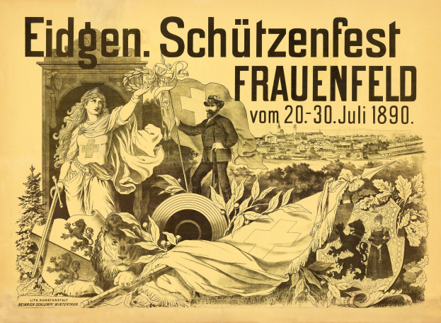 Plakat für das Eidgenössische Schützenfest in Frauenfeld, Deutschland, das einen Mann in einem Anzug und eine Frau in einem Kleid zeigt, die nebeneinanderstehen, sowie Ereignisinformationen im Text.