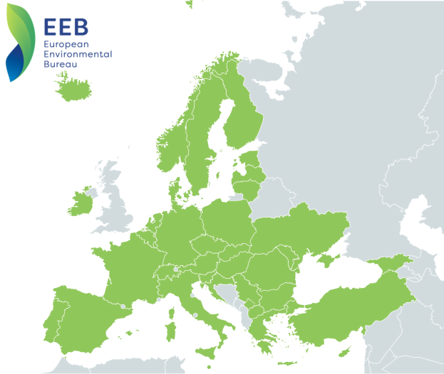 Karte von Europa mit dem Logo des Europäischen Umweltbüros oben links, schattiert in verschiedenen Grüntönen, um EU-Regionen anzuzeigen.