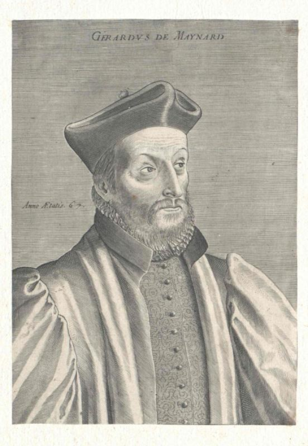 Schwarz-weißes Gravurporträt eines bärtigen Mannes in einer Mütze, identifiziert als Girard de Maynard.