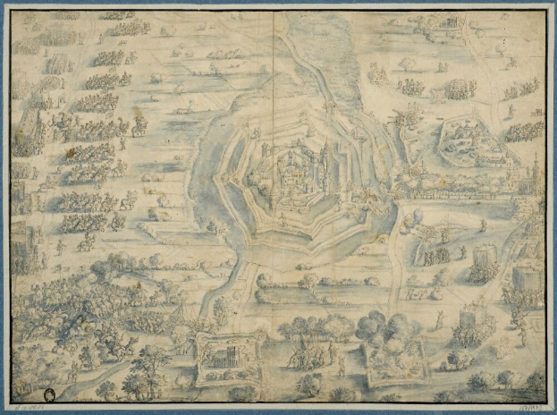 Eine gerahmte Stadtkarte mit einem Schloss in der Mitte, umgeben von Bäumen, in einem klassischen Photo-Rahmen.