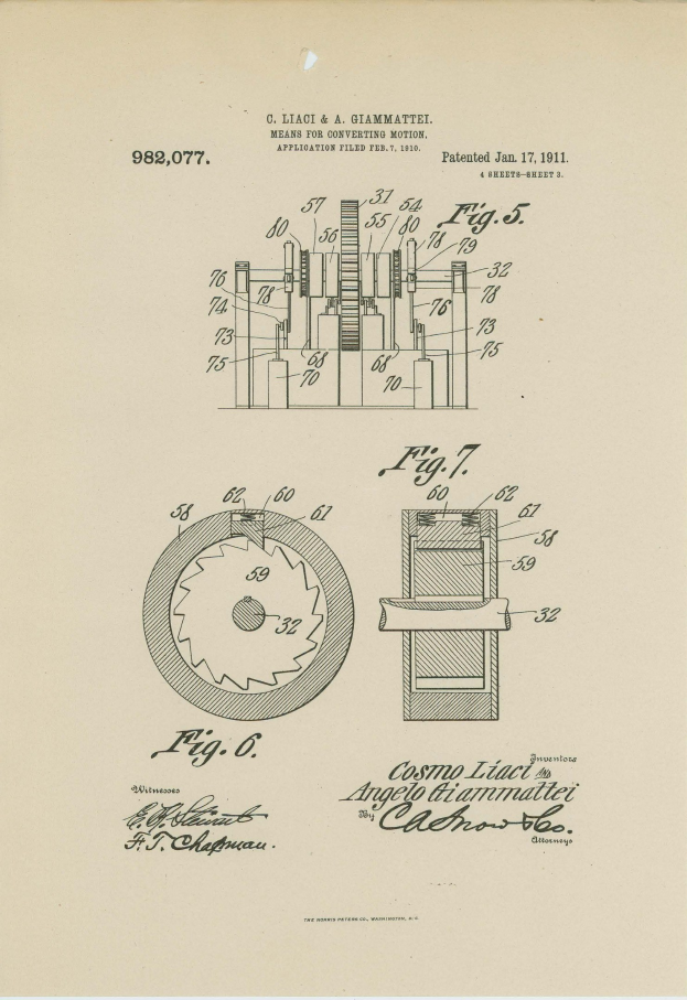 Ein detailliertes Bild einer mechanischen Maschine aus einer Buchseite mit der Überschrift "Cosmo Liact Patent 982,077", das Zahnräder, Zylinder und andere Komponenten zeigt.