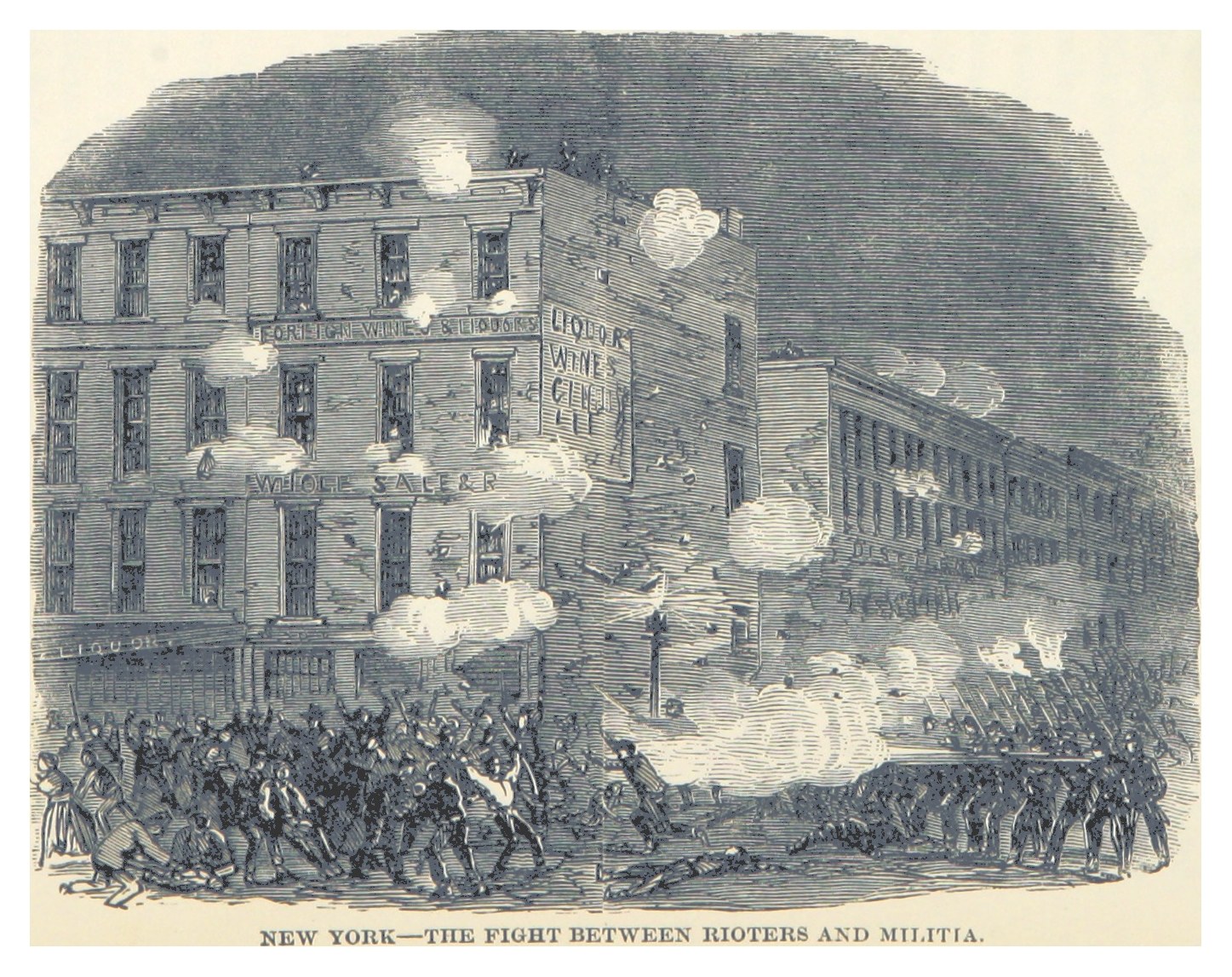 Ein Plakat zeigt eine gewalttätige Konfrontation zwischen Randalierern und Miliz in New York City, mit Menschen am Boden, die Waffen halten, Gebäuden im Hintergrund und Rauch, der von ihnen aufsteigt, sowie dem Text "New York - Der Kampf zwischen Randalierern und Miliz" unten.
