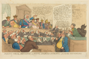 Eine Karikatur einer Gerichtsszene mit einer Gruppe von Menschen, die sitzen, und einem Mann in der Mitte, einem Tisch mit Gegenständen rechts und Text unten, der "Boney's Trial, Sentence and Dying Speech Europe's Injuries Revenged" lautet.