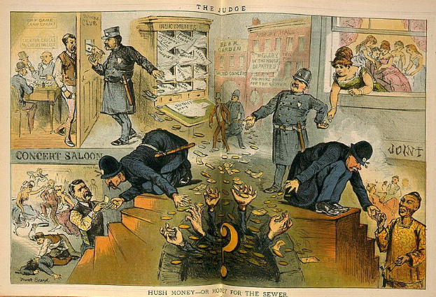 Cartoon eines Richters in einem Gerichtssaal mit einer Geißel und einem Buch, umgeben von Menschen mit verstreuten Papieren, auf denen "Schweigegeld oder Geld für die Kloake" steht.