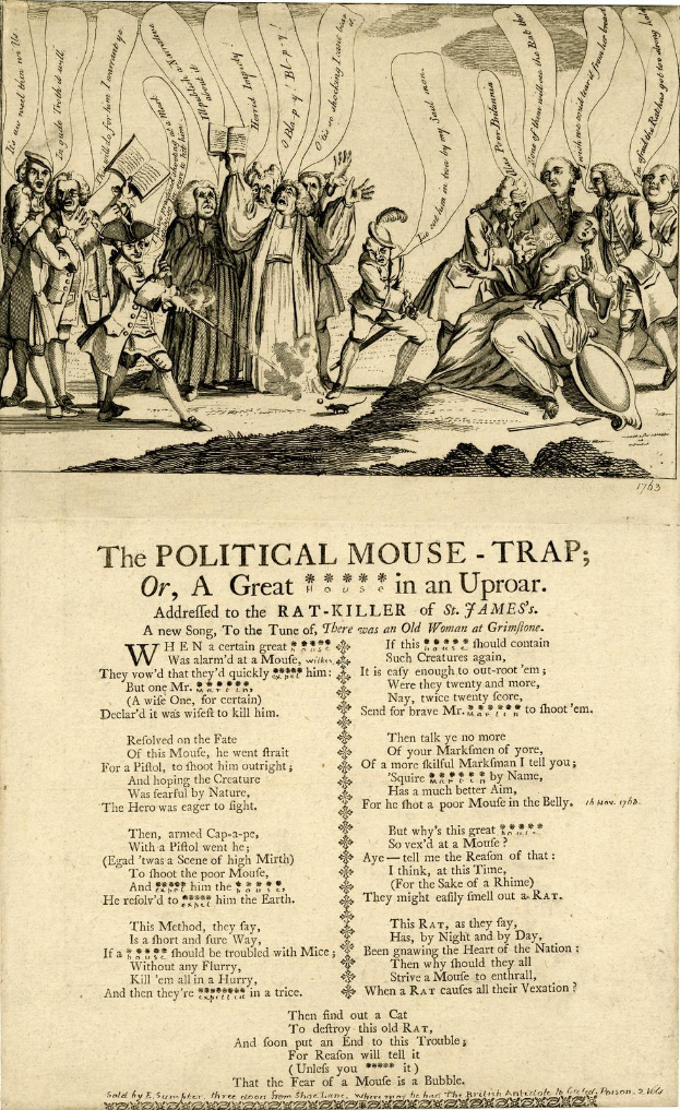 Politischer Cartoon 'Die politische Mausefalle, oder, ein großer Rattenkiller in Aufruhr' zeigt verängstigte Menschen, die auf Chaos reagieren.