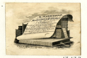 Ein altes Buch mit einer Rolle oben drauf, umgeben von Büchern und einem Blatt Papier mit Text, mit dem Wort "Buchhändler" unten.