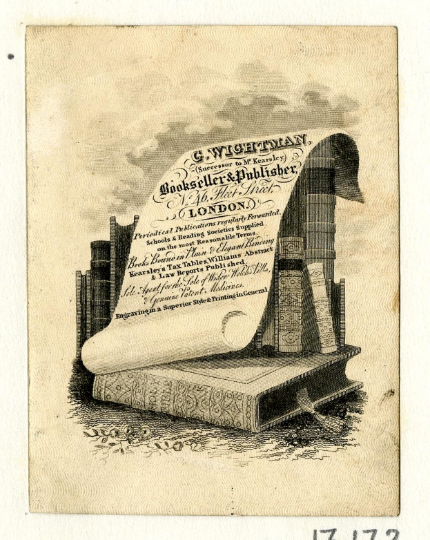 Ein altes Buch mit einer Rolle oben drauf, umgeben von Büchern und einem Blatt Papier mit Text, mit dem Wort "Buchhändler" unten.