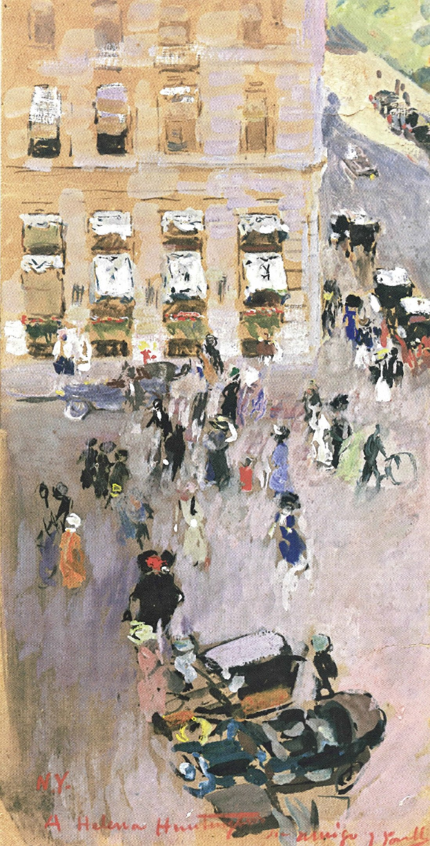 Bild einer belebten New Yorker Straße mit Passanten, Fahrzeugen, einem Gebäude im Hintergrund und Text unten.