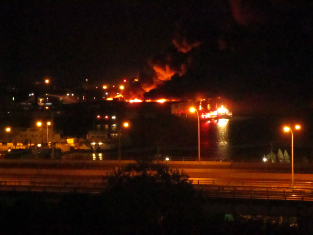 Großbrand in einer Stadt bei Nacht, mit Straßenlaternen, einem Baum im Vordergrund, einem dunklen Himmel und einem nahen Gewässer.
