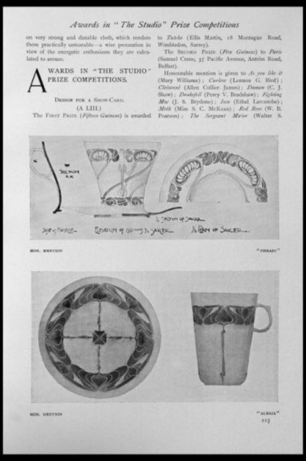 Schwarze und weiße Zeichnung einer Tasse und eines Untersetzers mit einem Design, eingerahmt von einem schwarzen Rand, betitelt mit "Preise in der Studio-Wettbewerben".