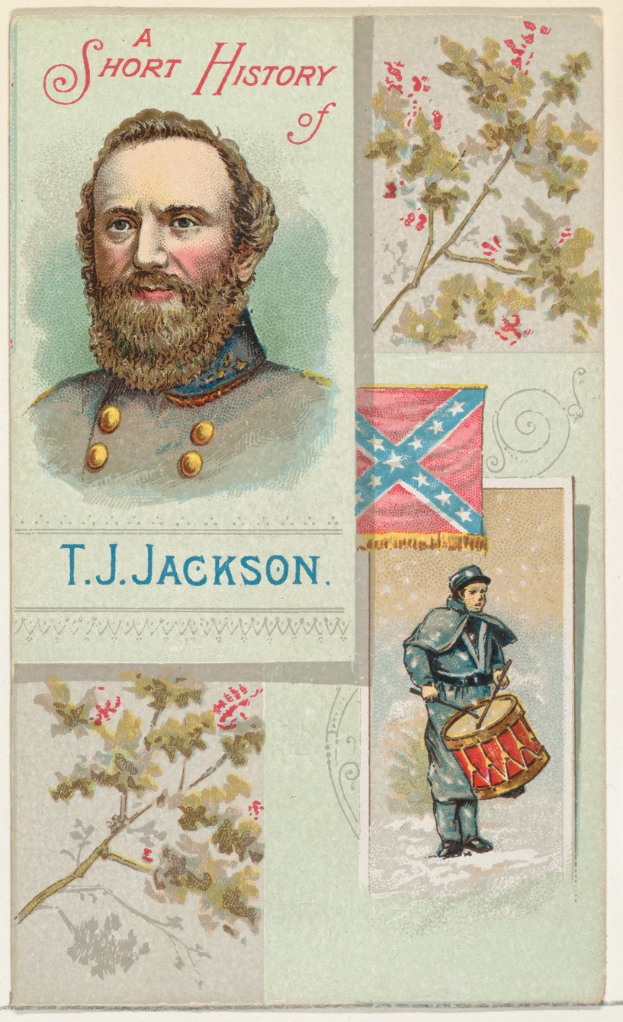 Plakat des Konföderierten-Generals T.J. Jackson mit einem zentralen Porträt umgeben von Bildern von Bäumen, einer Fahne und Text.