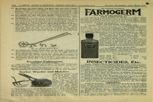 Altes Buchcover mit einer Flasche Farmogerm-Insektizid, das eine klare Flüssigkeit enthält, mit einem schwarzen, fetten Textlabel, einem hellblauen Hintergrund und einem weißen Rand.