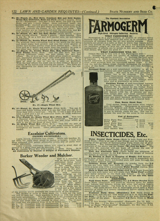 Altes Buchcover mit einer Flasche Farmogerm-Insektizid, das eine klare Flüssigkeit enthält, mit einem schwarzen, fetten Textlabel, einem hellblauen Hintergrund und einem weißen Rand.