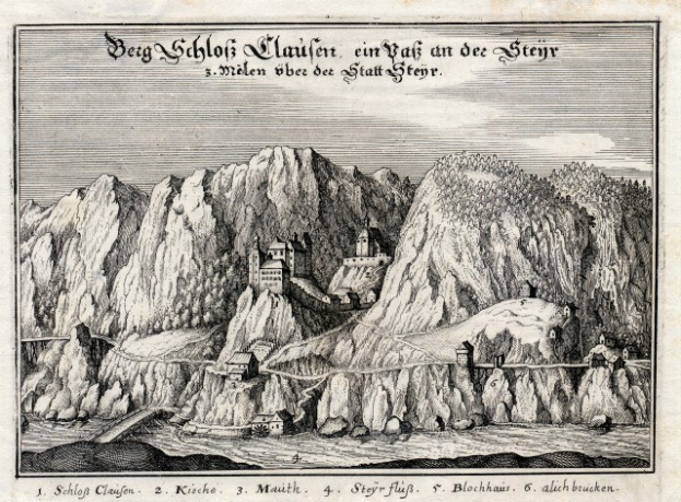 Gravur eines Berges mit einer Burg oben drauf, umgeben von Hügeln und Wasser, mit begleitendem Text.