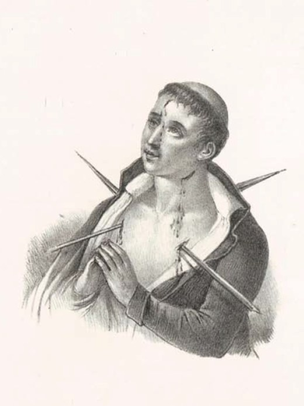 Schwarze und weiße Zeichnung eines verzweifelten Mannes mit einem Messer, zerrissene Kleidung und zerzaustes Haar, Hände in Verzweiflung gegen einen weißen Hintergrund gefaltet.