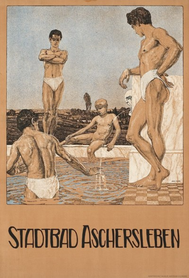 Plakat für ein Schwimmbad in Aschersleben, Deutschland, mit Menschen im Wasser und einem sitzenden Menschen sowie Text.