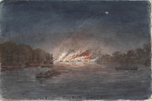 Gemälde von Booten auf Wasser mit einem großen Feuer im Hintergrund, umgeben von Bäumen und einem sternenklaren Himmel, mit der Aufschrift "Canton River Fire Rafts Coming Down" unten.