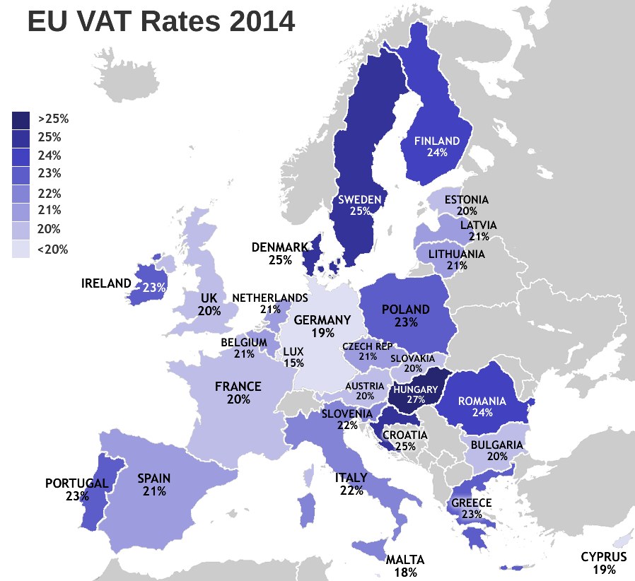 Eine Karte von Europa, die die EU-Mehrwertsteuersätze von 2014 mit Prozentangaben und Text anzeigt.