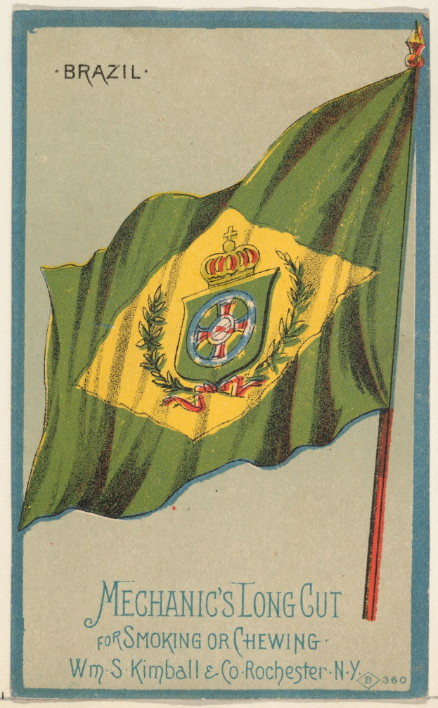 Brasilianische Flagge im Wind mit fettem schwarzem Text, der "Mechaniker's Long Cut für Rauchen oder Kauen" gegen einen blauen Himmel liest.