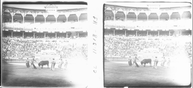 Schwarzes und weißes Foto eines Stierkampfs in einem Stadion mit Zuschauern auf den Rängen und einigen Tieren und Menschen im Vordergrund.