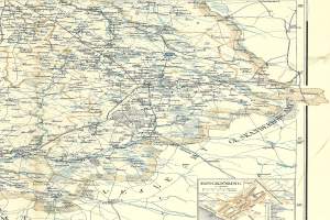 Ein altes, detailliertes Stadtplan von Rinkjöbing, Deutschland, auf Papier gedruckt, zeigt Straßen, Autobahnen und andere Merkmale mit Text und Zahlen.