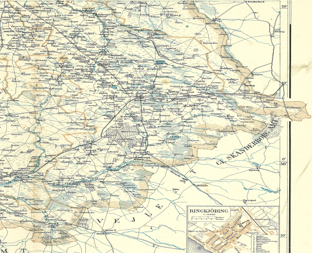 Ein altes, detailliertes Stadtplan von Rinkjöbing, Deutschland, auf Papier gedruckt, zeigt Straßen, Autobahnen und andere Merkmale mit Text und Zahlen.