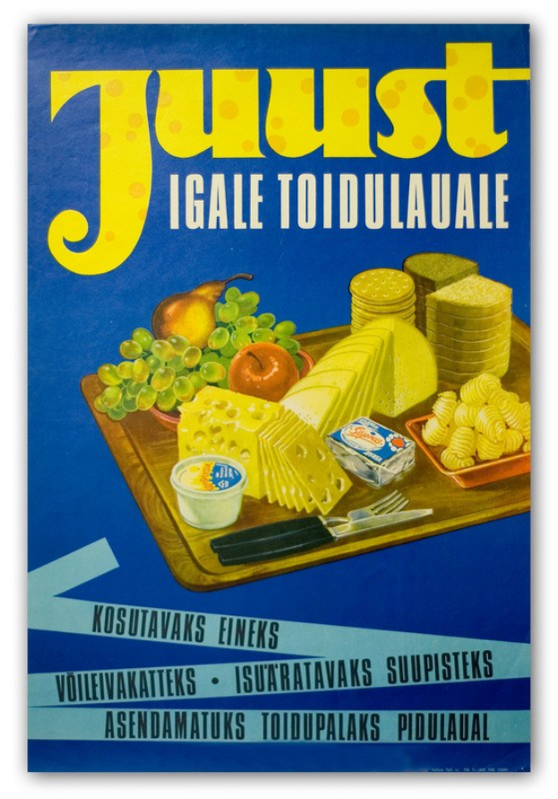 Ein Plakat mit verschiedenen Lebensmitteln wie Früchten, einem Messer, einer Schüssel und anderen Lebensmitteln sowie begleitendem Text.