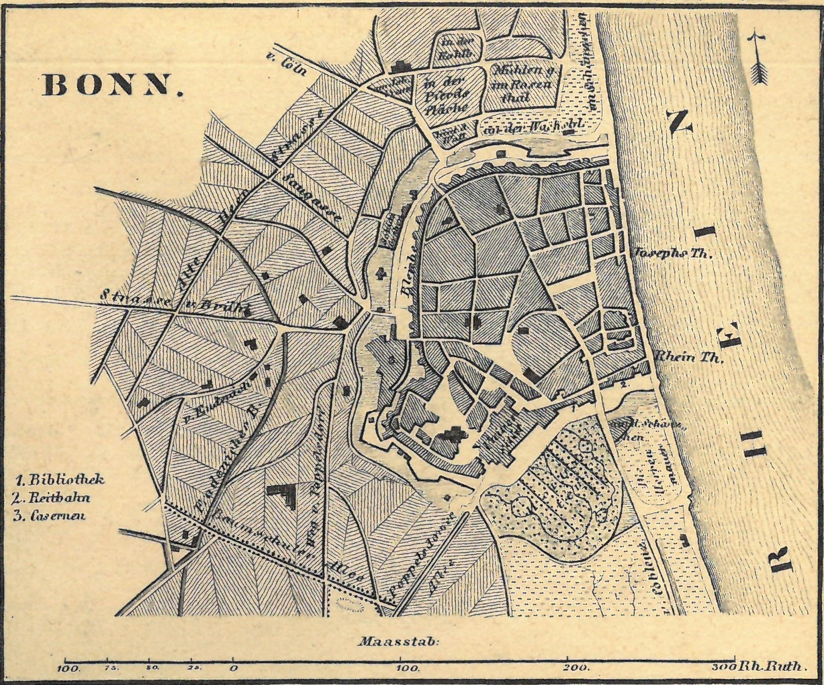 Ausführliche alte Karte von Bonn, Deutschland, die Straßen, Gebäude und Sehenswürdigkeiten mit Textbeschriftungen zeigt.