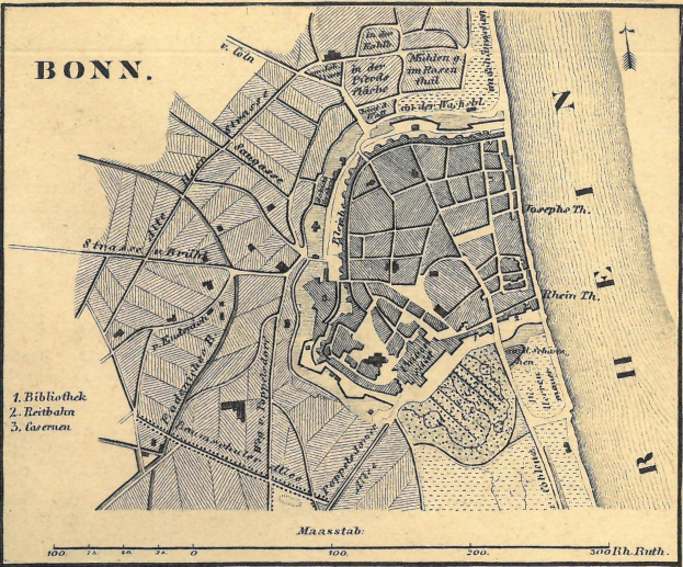 Ausführliche alte Karte von Bonn, Deutschland, die Straßen, Gebäude und Sehenswürdigkeiten mit Textbeschriftungen zeigt.