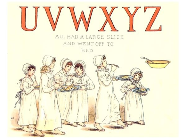 Eine Gruppe von Menschen mit Tellern voller Essen, mit einer Schüssel und Löffel auf der rechten Seite und dem Text "Uwxyz - Alle hatten eine große Scheibe und gingen ins Bett" oben.