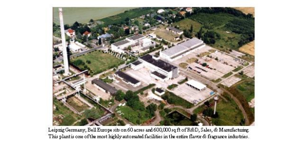 Luftaufnahme eines gro├čen Industriegebiets in Leipzig, Deutschland, beschriftet mit "Bell Europe", mit Geb├Ąuden, B├Ąumen, Pflanzen, Gras, Stra├čen und Strommasten.
