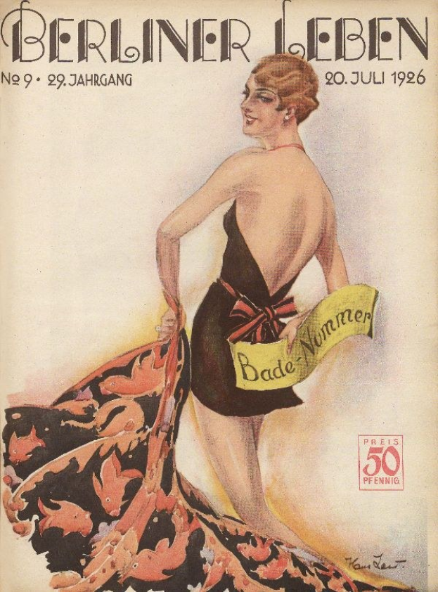 Titelbild der Berliner Leben Zeitschrift aus dem Juni 1926 mit einer Frau in einem Badeanzug, die ein Tuch hält, und dem Zeitschriftennamen darüber.
