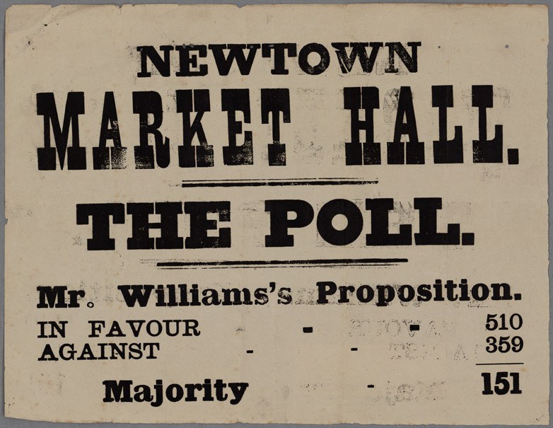 Papier mit handgeschriebener Textzeile: 'Newtown Market Hall, die Wahl, Mr. Williams' Vorschlag für gegen Mehrheit'.